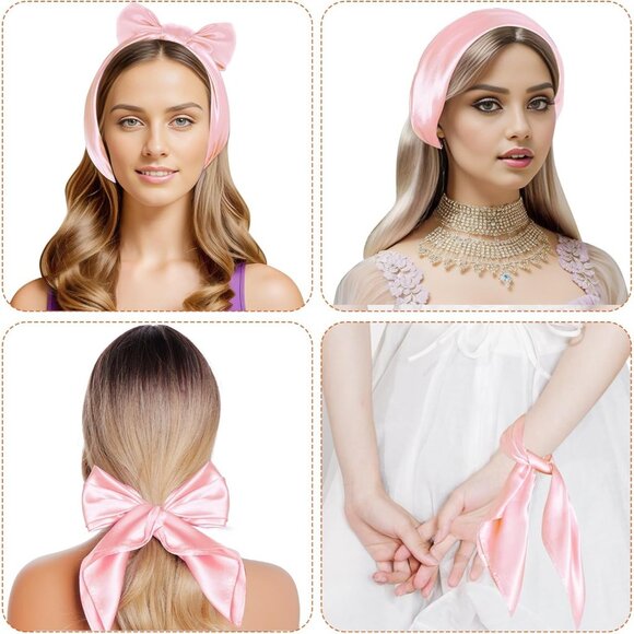 Women Light Pink Chiffon Square Ribbon Neck Scarf Satin Handkerchief Halloween - Picture 3 of 7